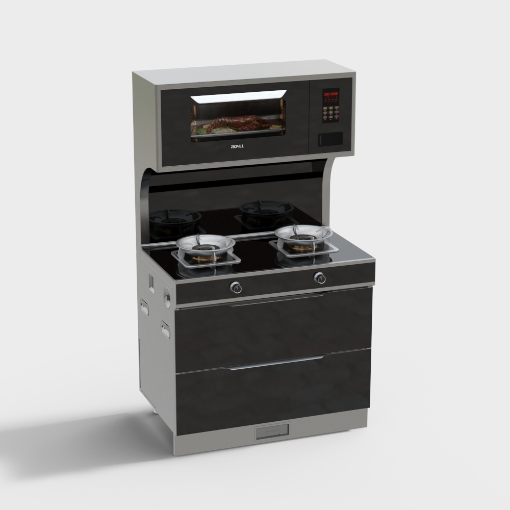 Modern silver and black gas stove with oven and two drawers on white background