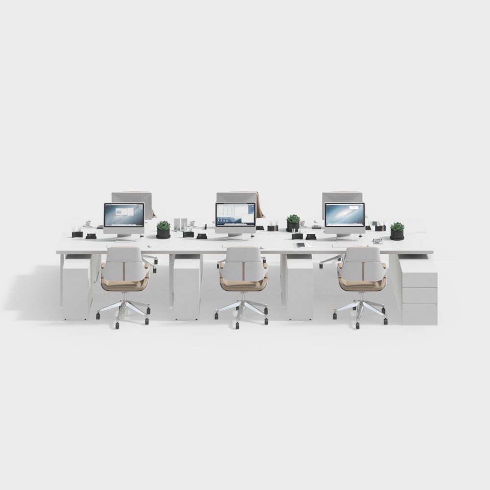 Modern white office desk with three chairs and computers on grey background