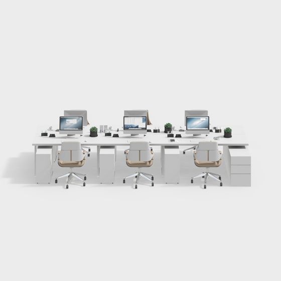 Modern white office desk with three chairs and computers on grey background
