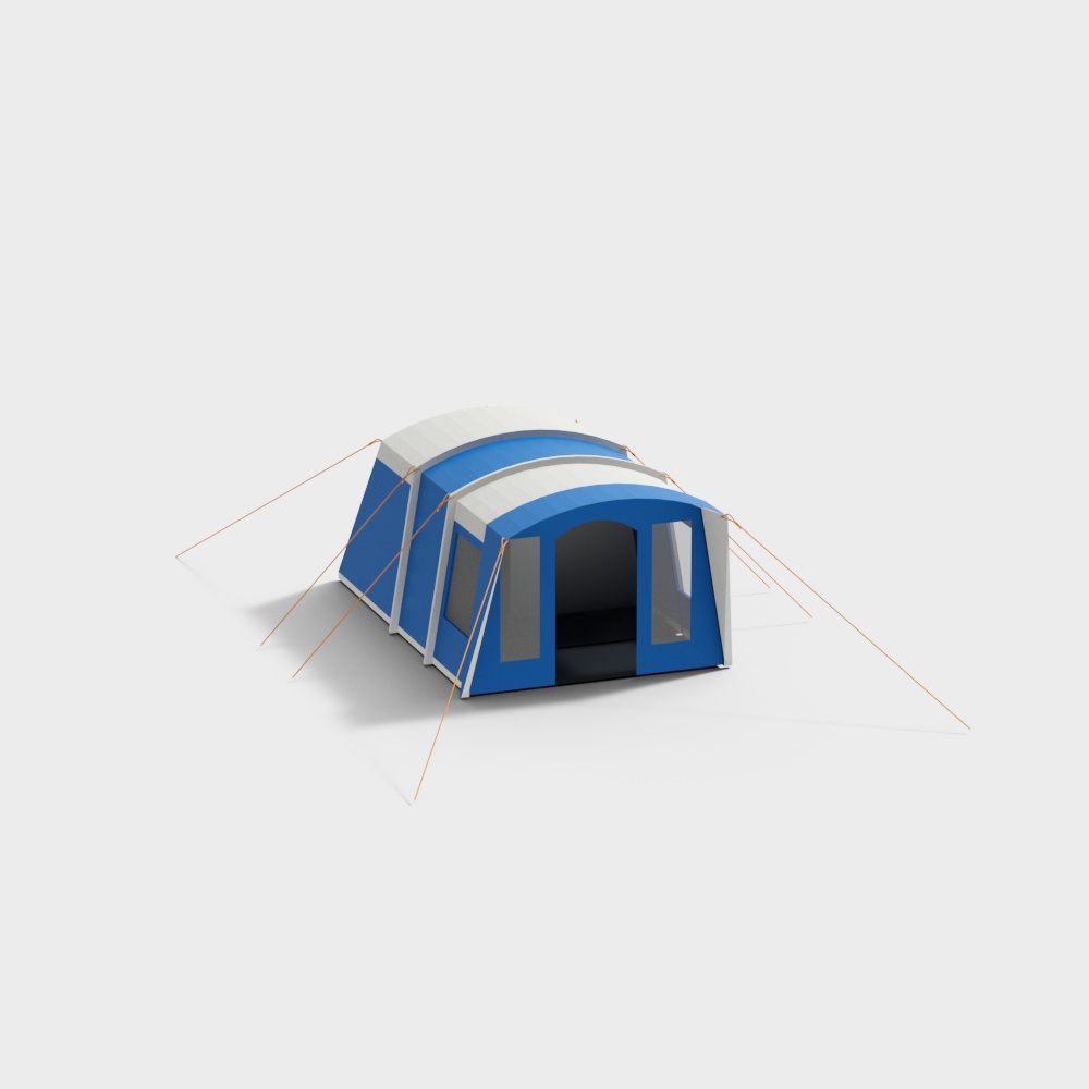 Blue and white family camping tent with mesh windows on white background
