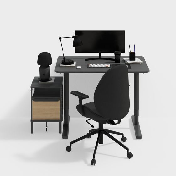 Black Simple Office Desk and Chair Combination 3D Model