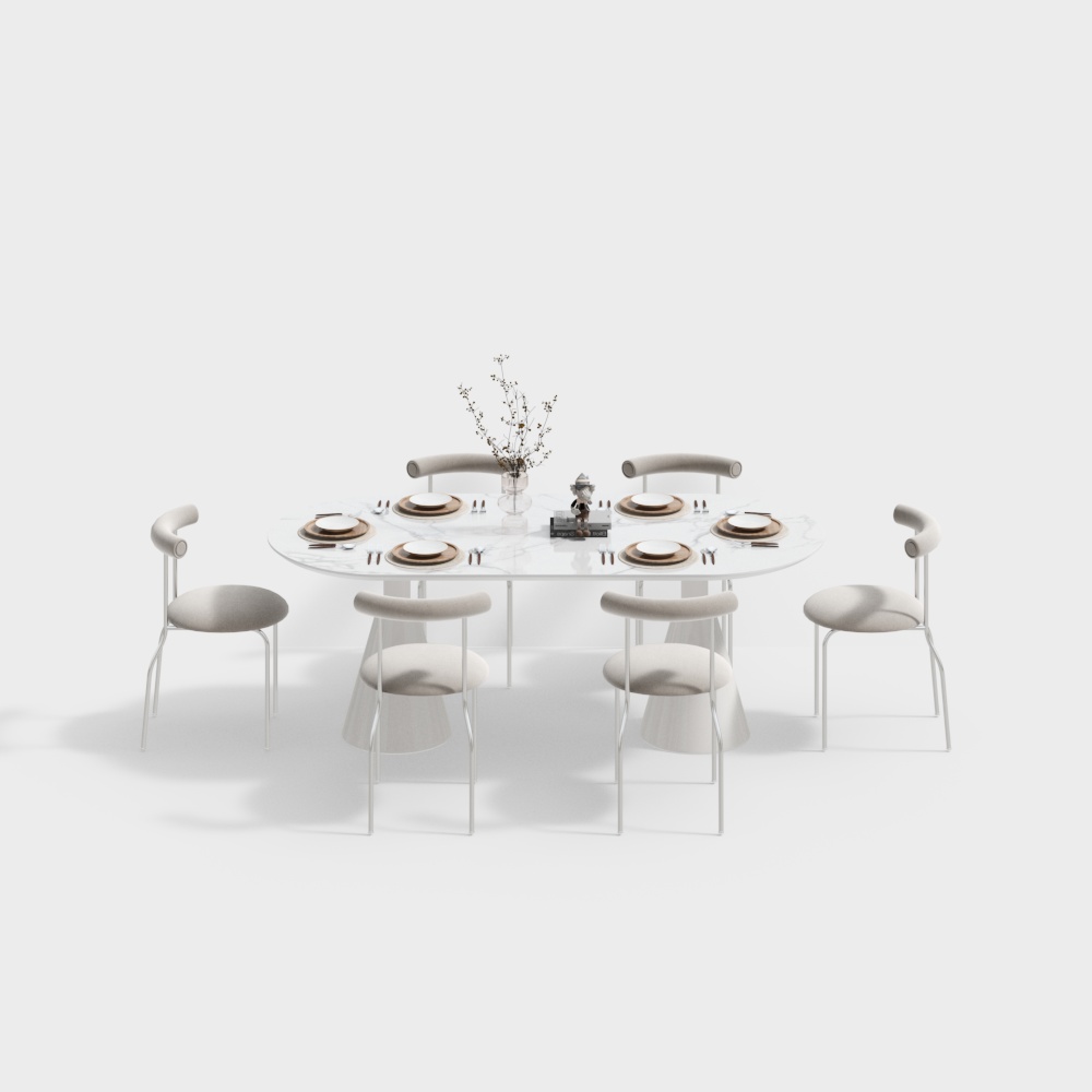 Minimalist Round Table with Six Chairs – Low-Poly Dining Set