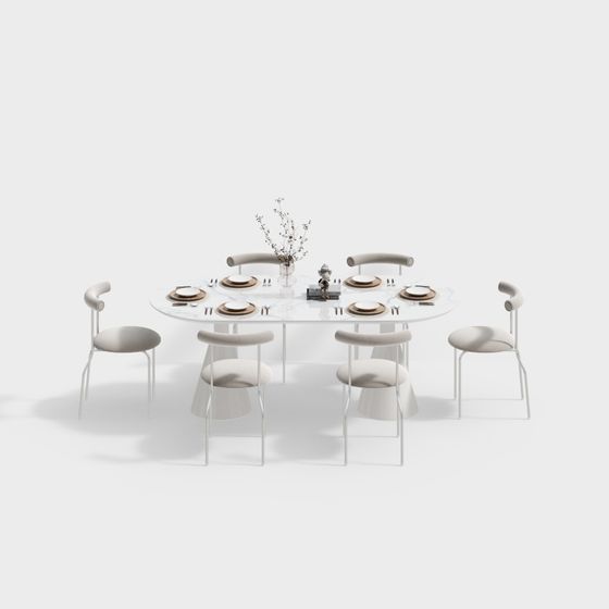 Minimalist Round Table with Six Chairs 3D model