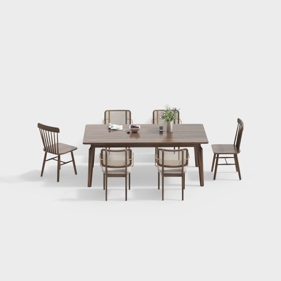 Stylish Wooden Dining Table and Chair Set 3D model