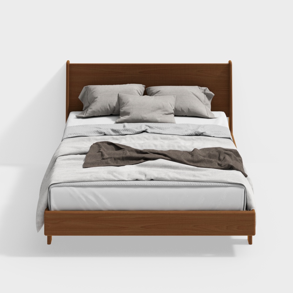 Modern brown wooden bed with grey pillows and white bedding on white background