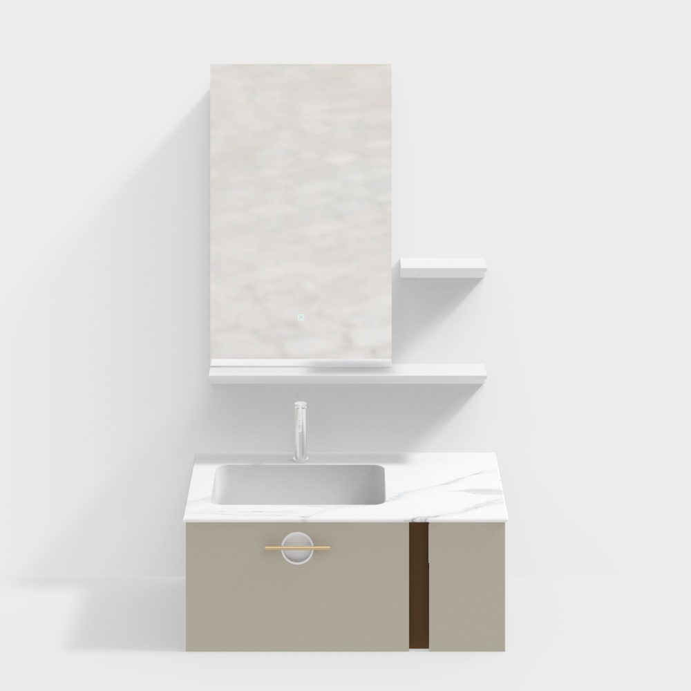 Modern bathroom vanity with white marble top and grey cabinet on white background