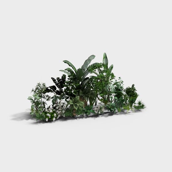 Lush tropical plant collection with green leaves and white flowers on light grey background