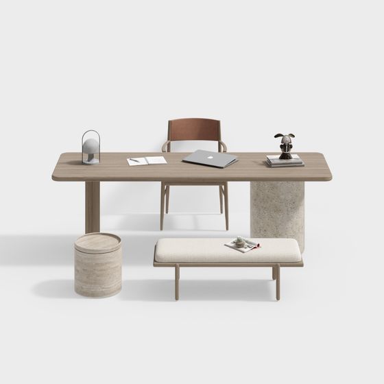 Charming Wabi-Sabi Style Wood Study Desk and Chair Set 3D Model