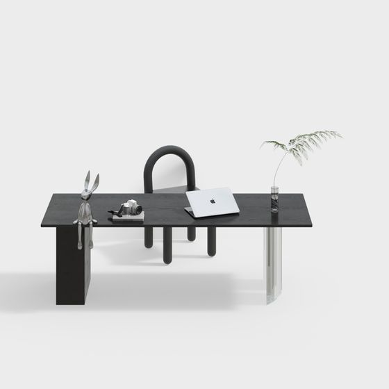 Modern Study Desk and Chair Combination 3D Model in Black