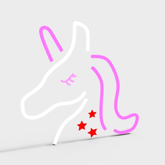 Unicorn head neon sign with pink mane and red stars on grey background