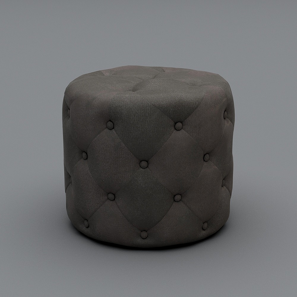 Round dark grey fabric footrest with button tufted diamond pattern on grey background