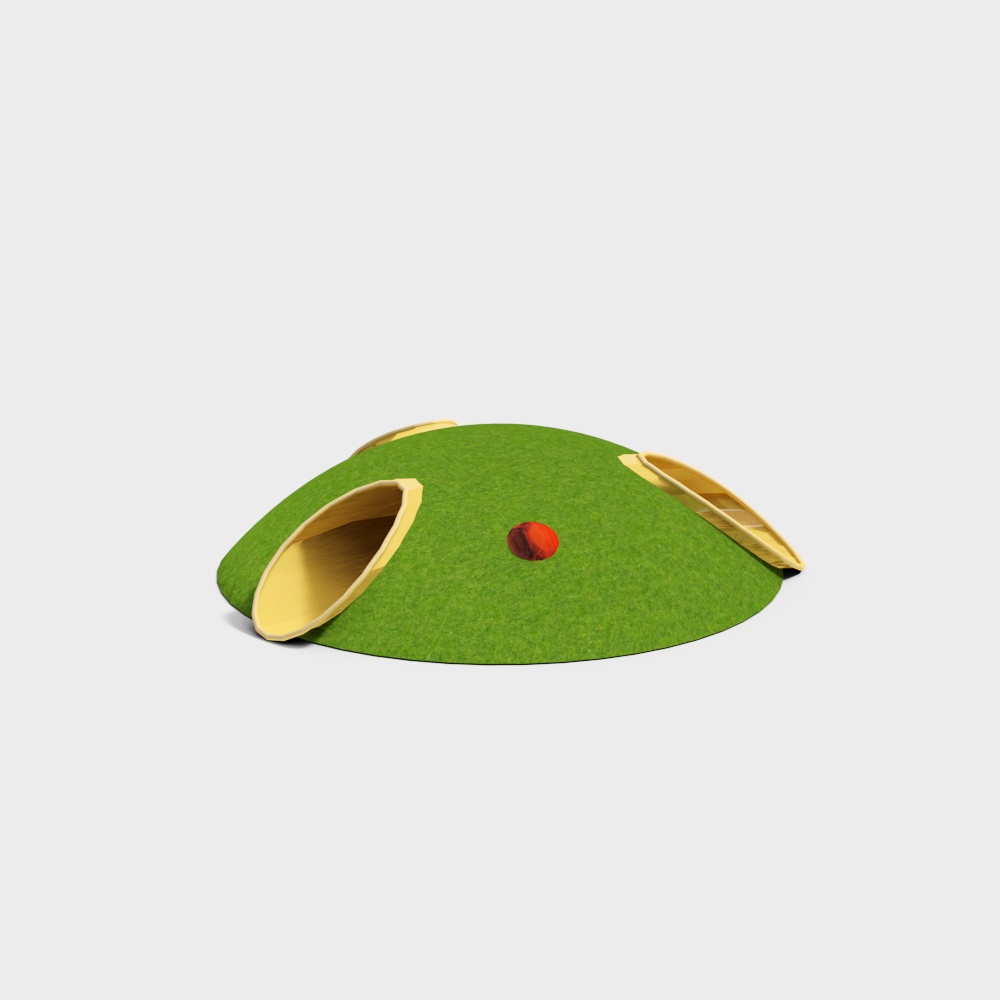 Green dome shaped play tunnel with yellow wooden slides and red ball on grey background