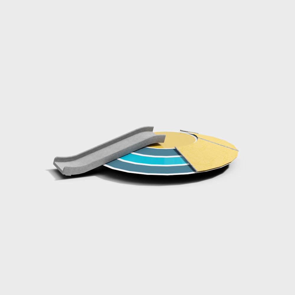 Modern grey curved bench with yellow and blue round rug on white background