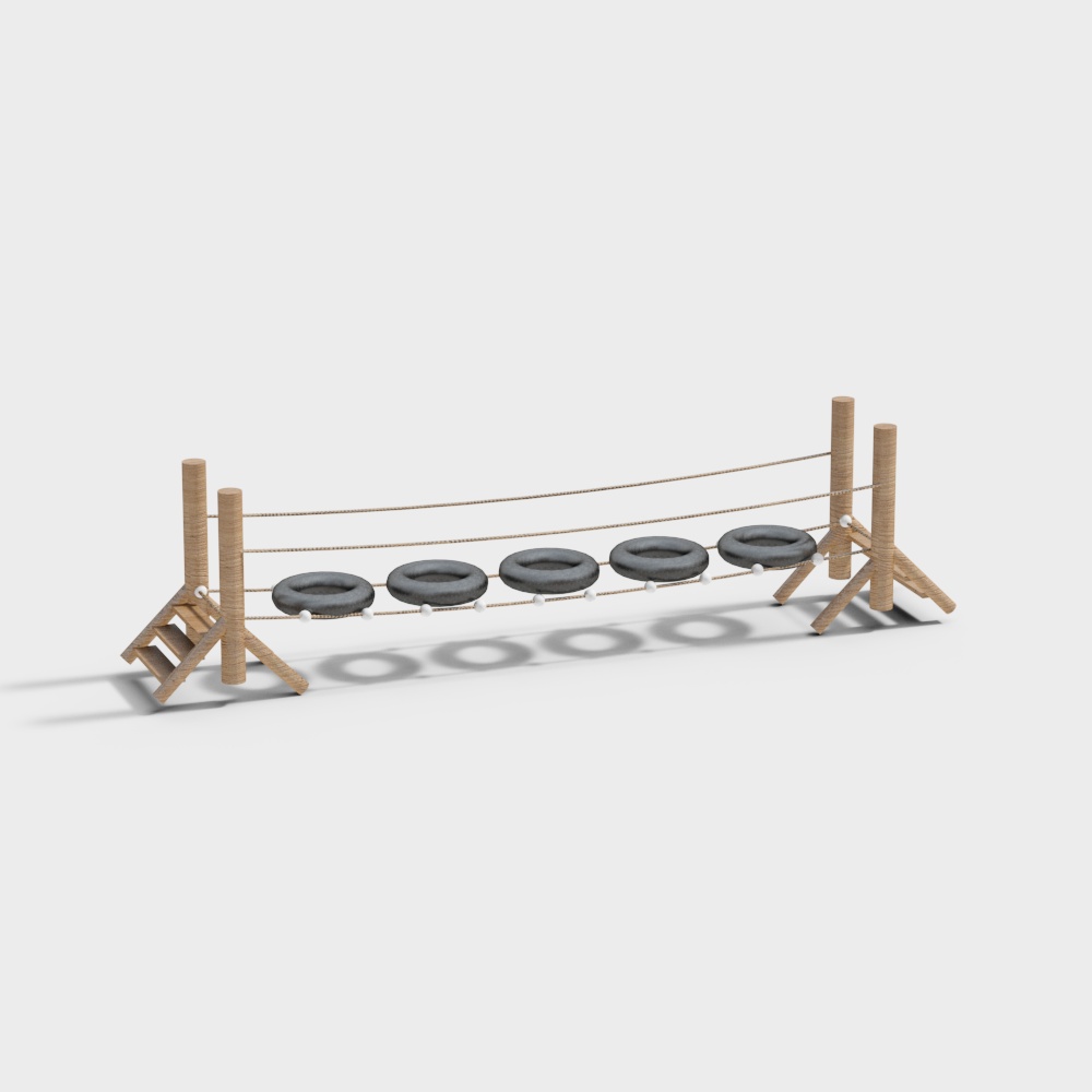 Wooden playground bridge with five grey tires and rope rails on white background