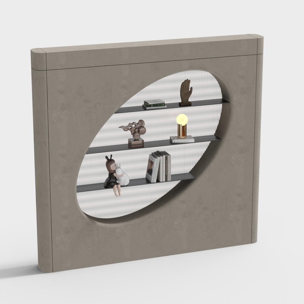 Modern grey concrete wall shelf with oval cutout and black shelves on white background