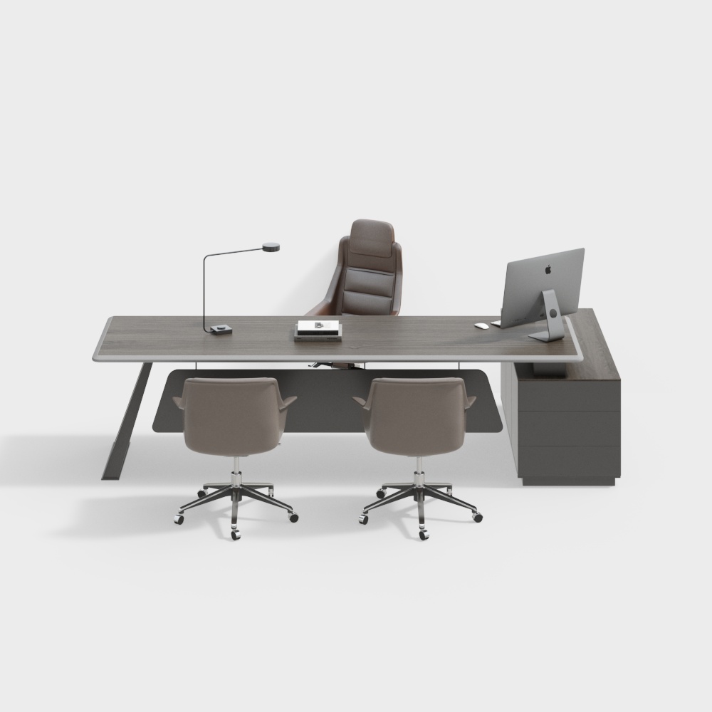 Modern grey wood executive desk with three chairs and computer on white background