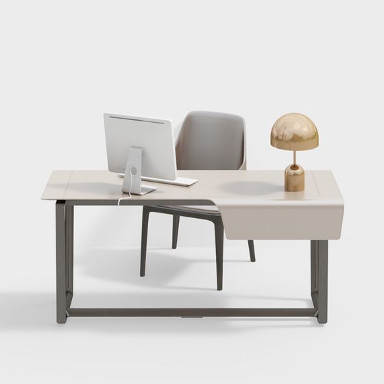 Gray Simple Office Desk and Chair Combination 3D Model