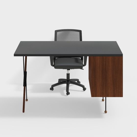 Gray and Brown Simple Office Desk and Chair Combination 3D Model