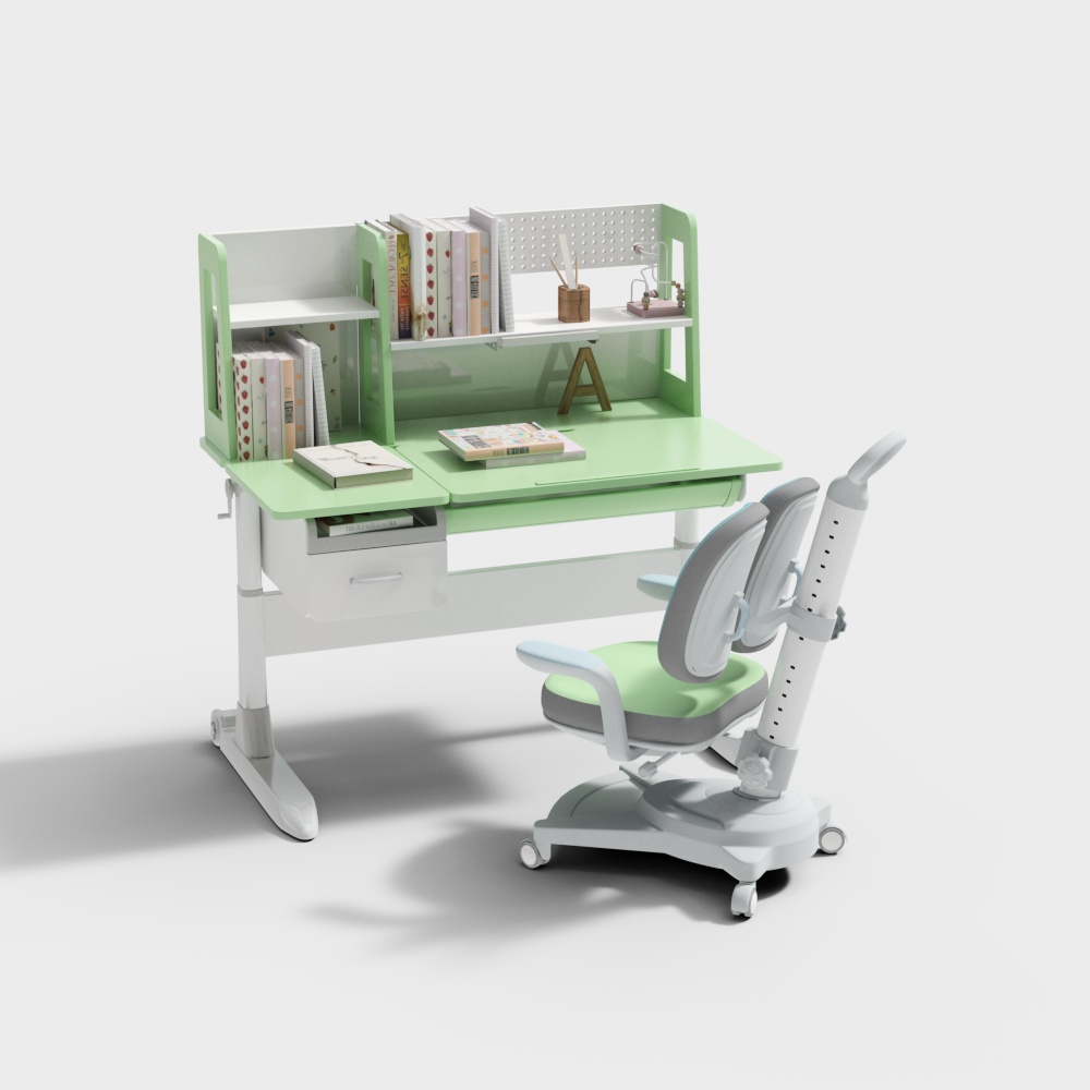 Mint green and white kids study desk with bookshelf drawer and matching adjustable chair on white background