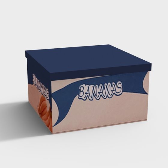 Cardboard box for bananas with blue lid and beige sides on grey background