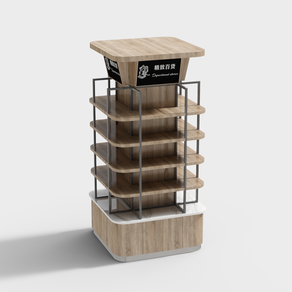 Tall wooden retail display stand with five shelves and black metal frame on white background