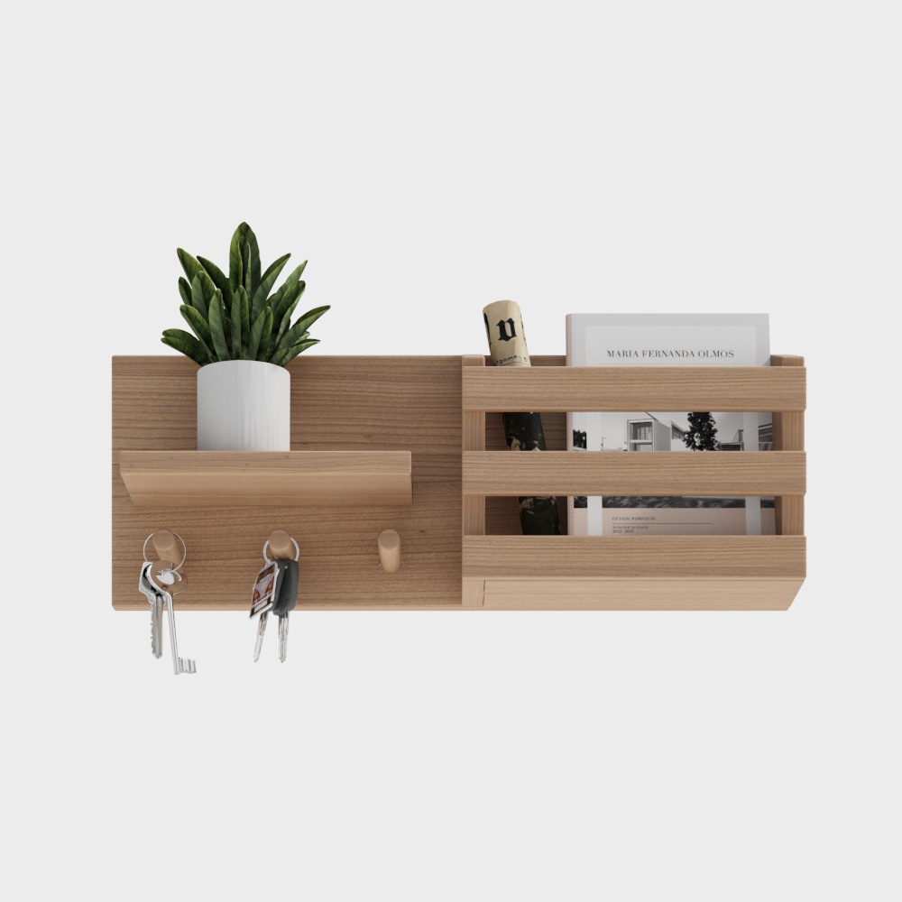 Light wood wall shelf with hooks and magazine rack on white background