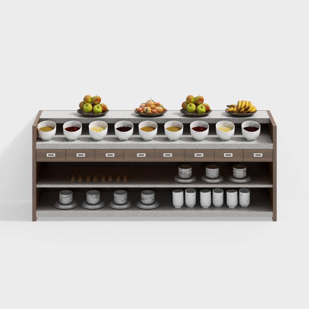 Modern wooden buffet cabinet with grey stone top and fruit bowls on white background