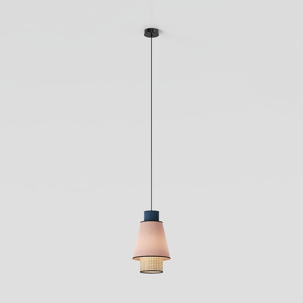 Modern pendant light with pink shade and woven basket detail on grey background