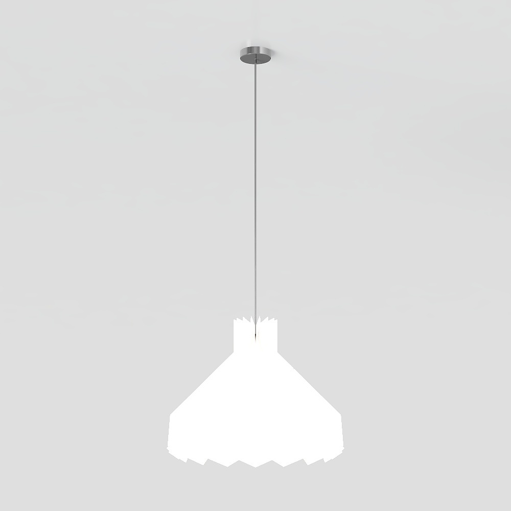 Modern white pendant ceiling light with silver metal rod and scalloped shade on grey background