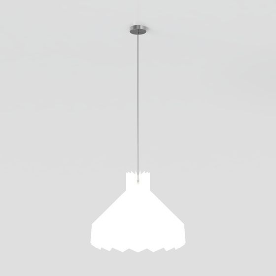 Modern white pendant ceiling light with silver metal rod and scalloped shade on grey background