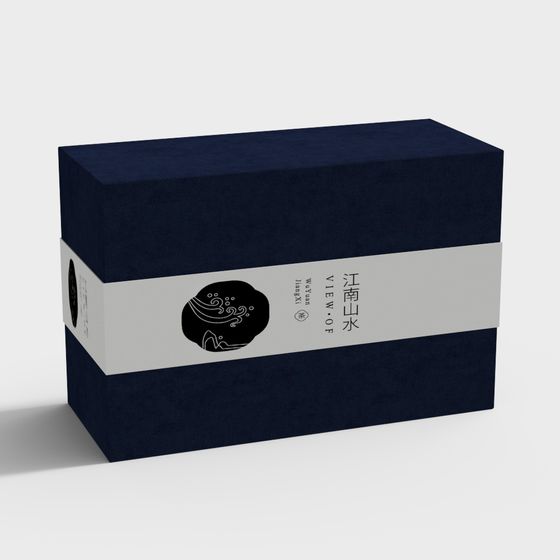 Navy blue rectangular gift box with white band and black landscape art on light grey background
