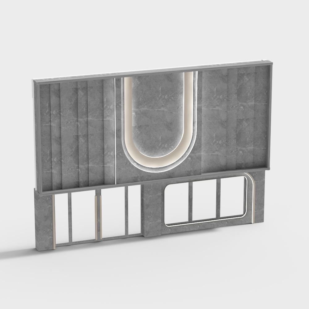 Modern grey marble wall panel with curved light and gold trim on white background