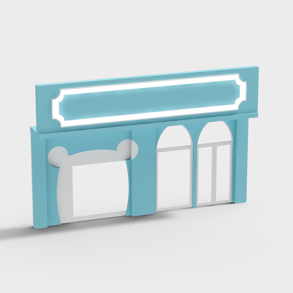 Light blue shop facade model with white sign and arched windows on grey background