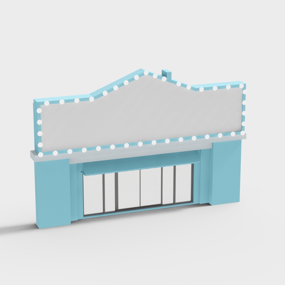 Blue retro storefront facade with white sign and round bulbs on grey background