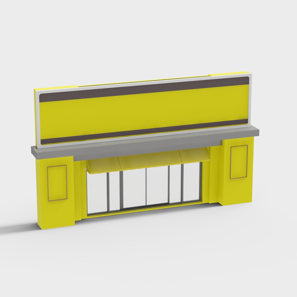 Modern yellow shop facade with grey awning and large glass windows on white background