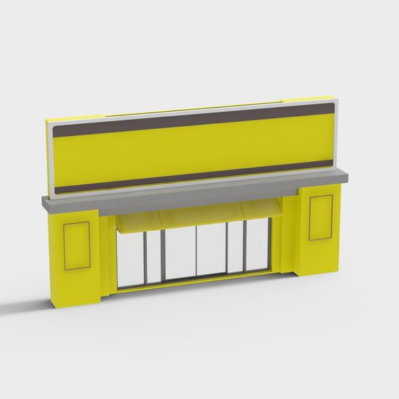 Modern yellow shop facade with grey awning and large glass windows on white background
