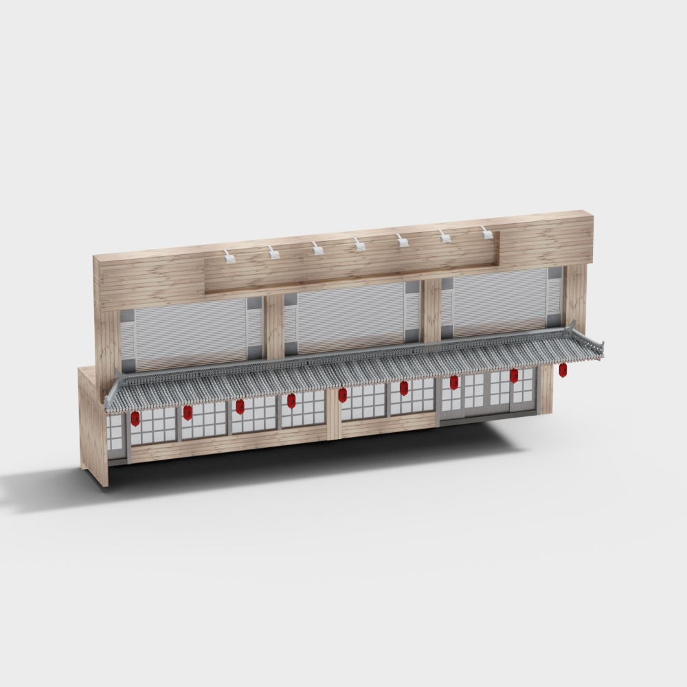 Traditional Asian wooden storefront with grey tiled roof and red lanterns on light grey background