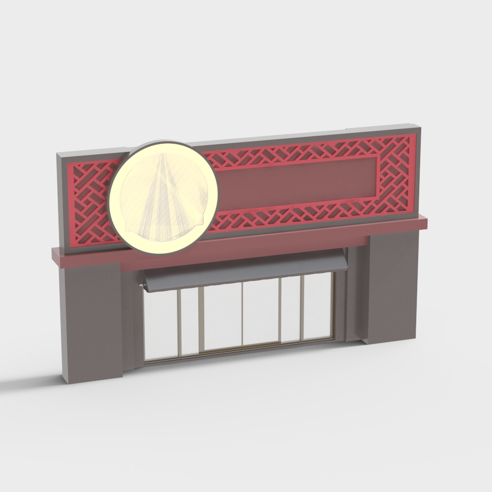 Modern storefront facade with red lattice panel and round light on grey background