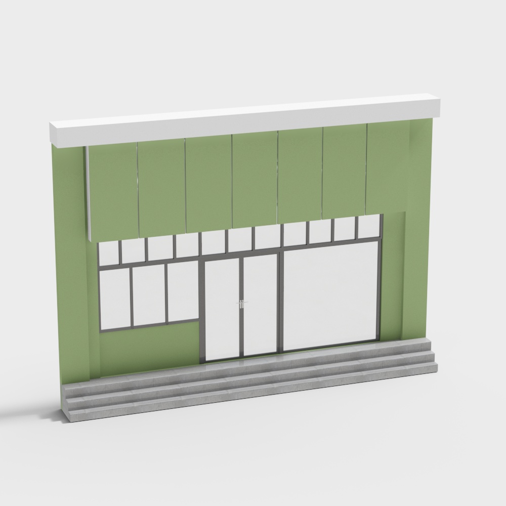 Modern green shop front with glass door and windows on grey background