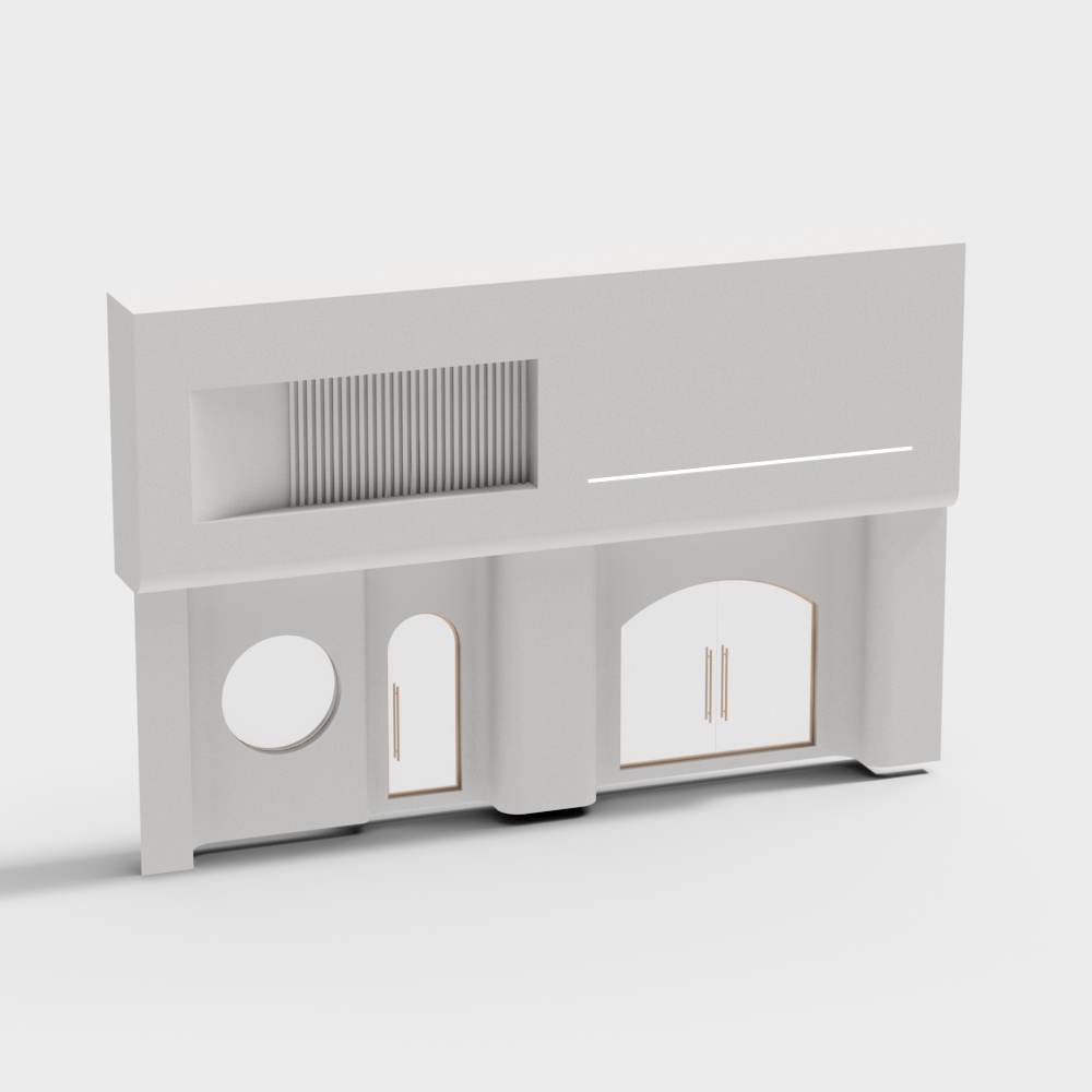 Modern white wall unit with round and arched doors on grey background