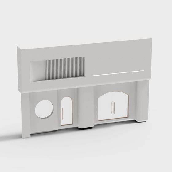 Modern white wall unit with round and arched doors on grey background
