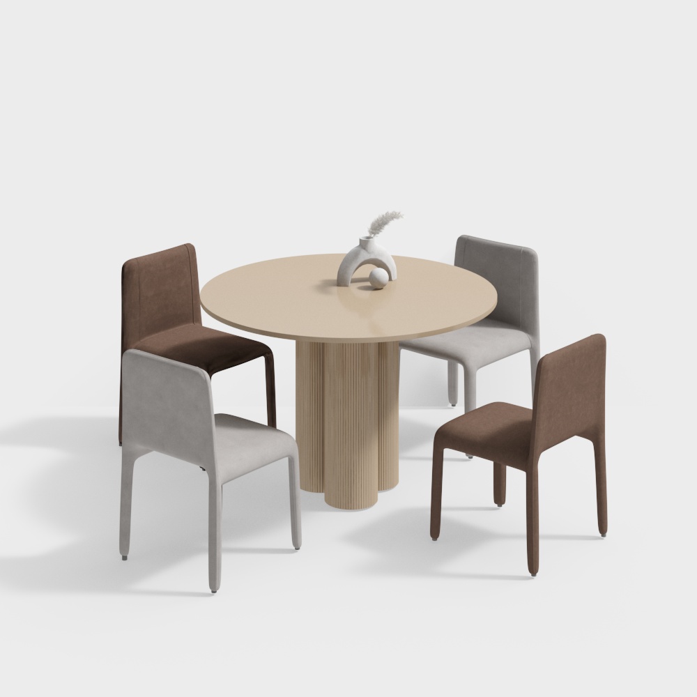 Stylish Round Table and Four Chairs 3D Model – Low-Poly Wood Set