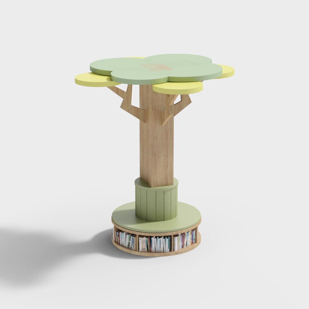 Tree shaped bookshelf with green top and wooden trunk holding books on white background
