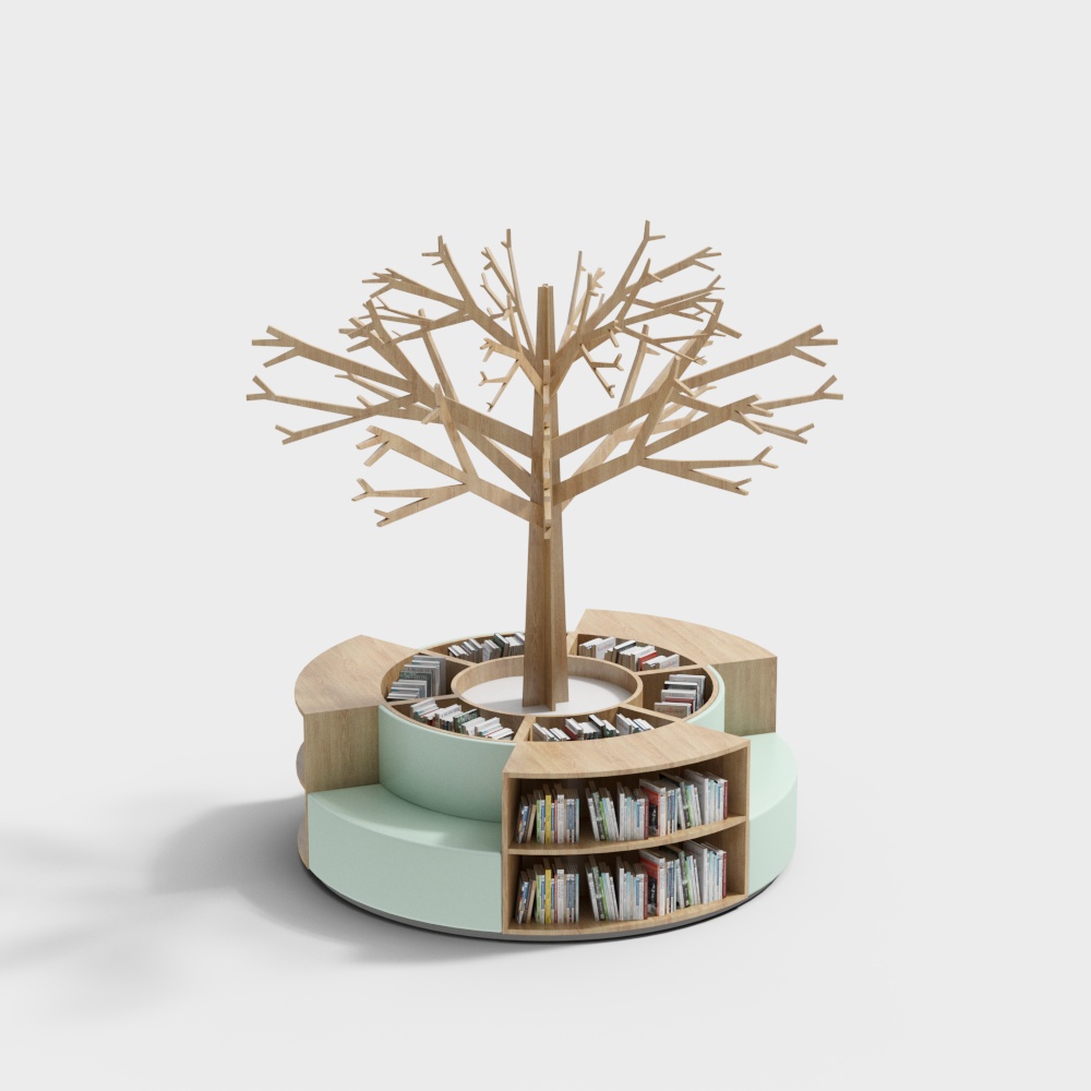 Circular wooden tree bookshelf with light green base and multiple shelves on white background