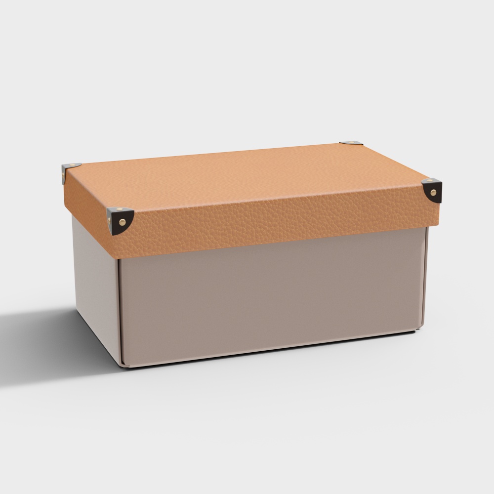 Modern rectangular storage box with tan leather lid and grey base on white background