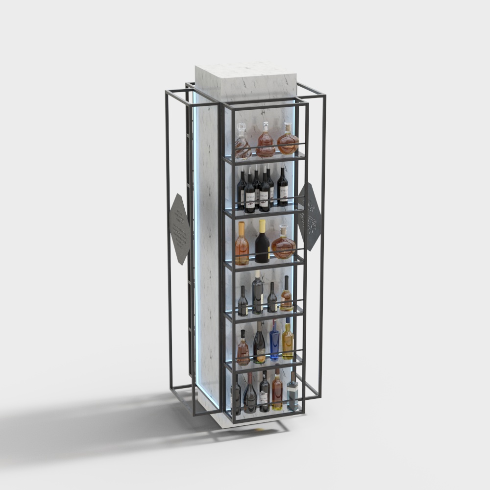 Modern black metal wine rack with white marble panel and glass shelves on grey background