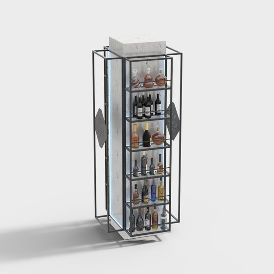 Modern black metal wine rack with white marble panel and glass shelves on grey background