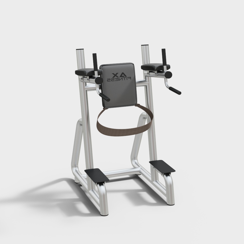 Silver metal gym pull up dip station with black pads and brown belt on white background