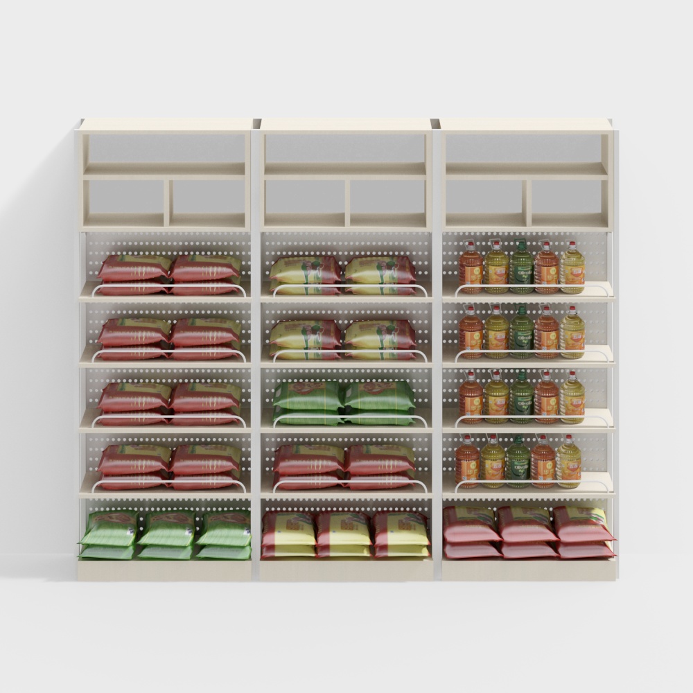 White grocery store shelf with bags of rice and bottles of oil on white background