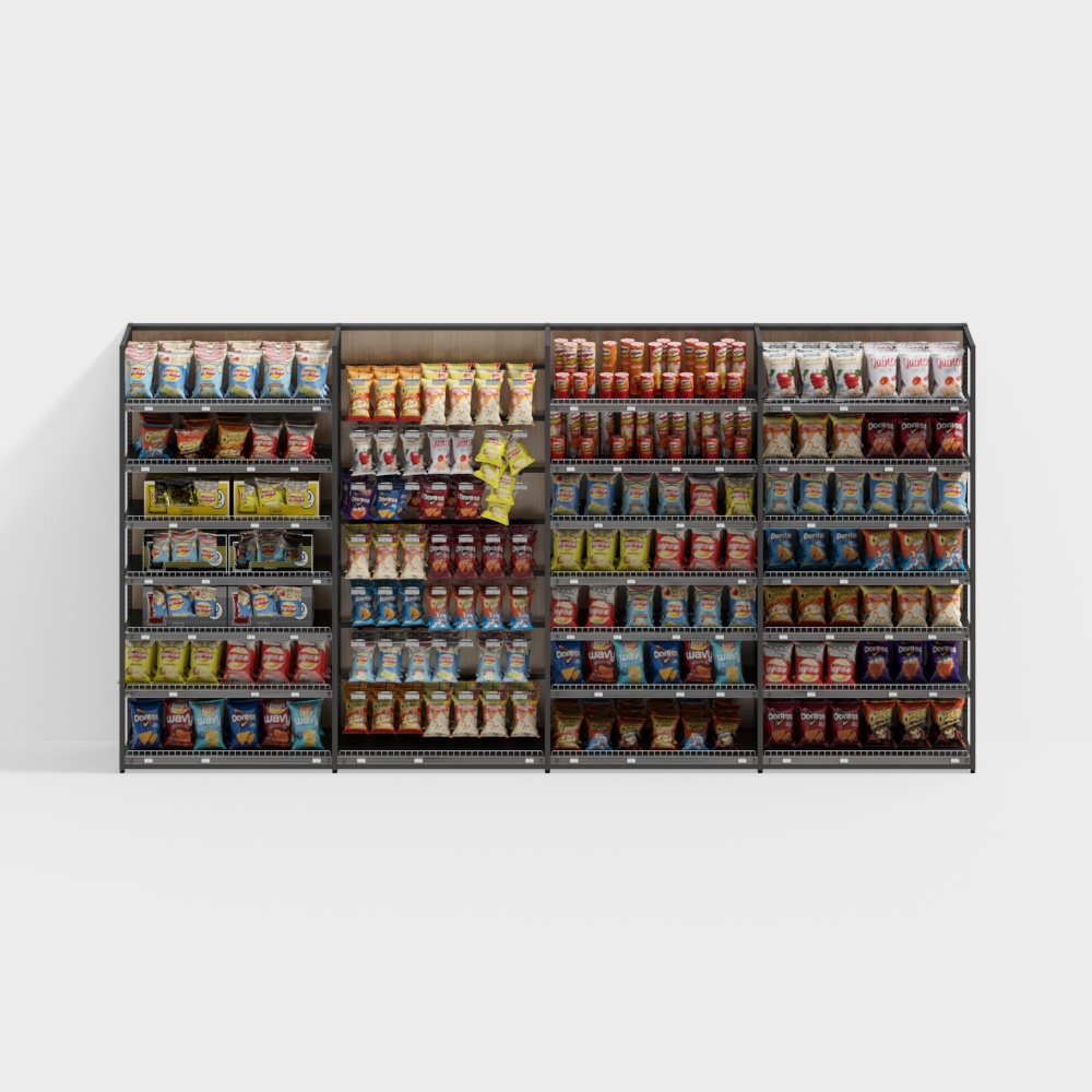 Large black metal grocery shelf with colorful snacks on white background